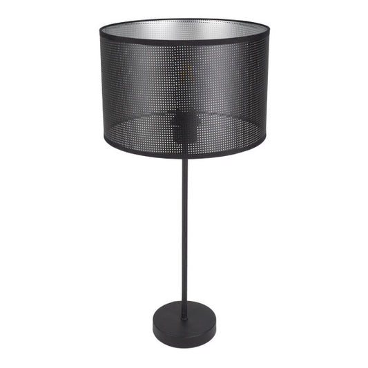 Lámpara de sobremesa alto Anastasia en negro y plata de Abrila (190171109), diseño industrial moderno con luz difusa, base metálica textil para decoración interior elegante, iluminación AI2 estilo contemporáneo.