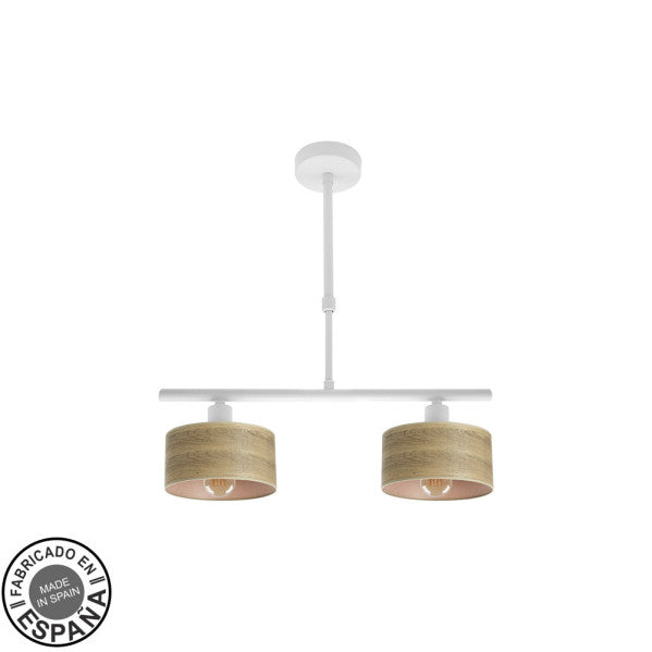 Lámpara de mesa Gilda de Abrila en blanco y madera clara, diseño minimalista vintage con base de metal y pantalla textil, ideal para decoración interior doméstica, modelo 190352085 con 2 casquillos E14.