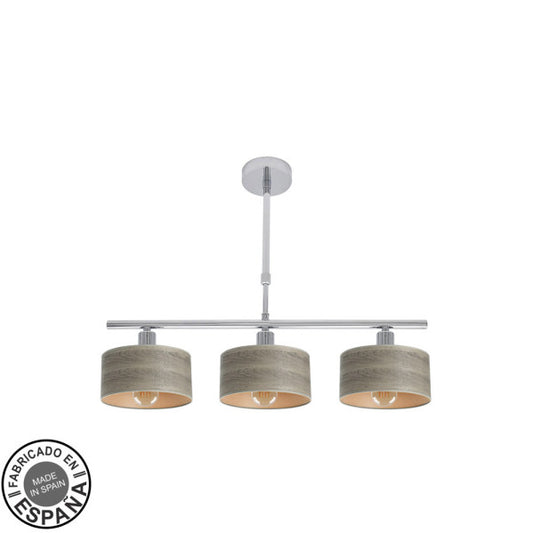 Lámpara Gilda de Abrila en acabado cromo y madera gris, diseño minimalista vintage con 3 casquillos E14, ideal para iluminación interior doméstica y decoración en metal y textil.