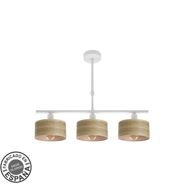 Lámpara colgante Gilda de Abrila con 3 luces E14, diseño minimalista vintage en blanco y madera clara, iluminación interior doméstica de metal y textil.