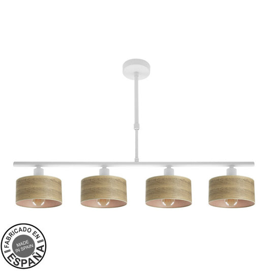 Lámpara colgante Gilda de 4 luces en blanco y madera clara, diseño moderno vintage de Abrila para decoración interior en salón o dormitorio, casquillo E14, metal y textil.