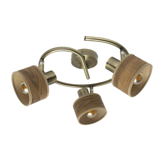 Plafon Nando 3xe14 en cuero y madera oscura de Abrila, lámpara de techo moderna con focos orientables para decoración interior doméstica