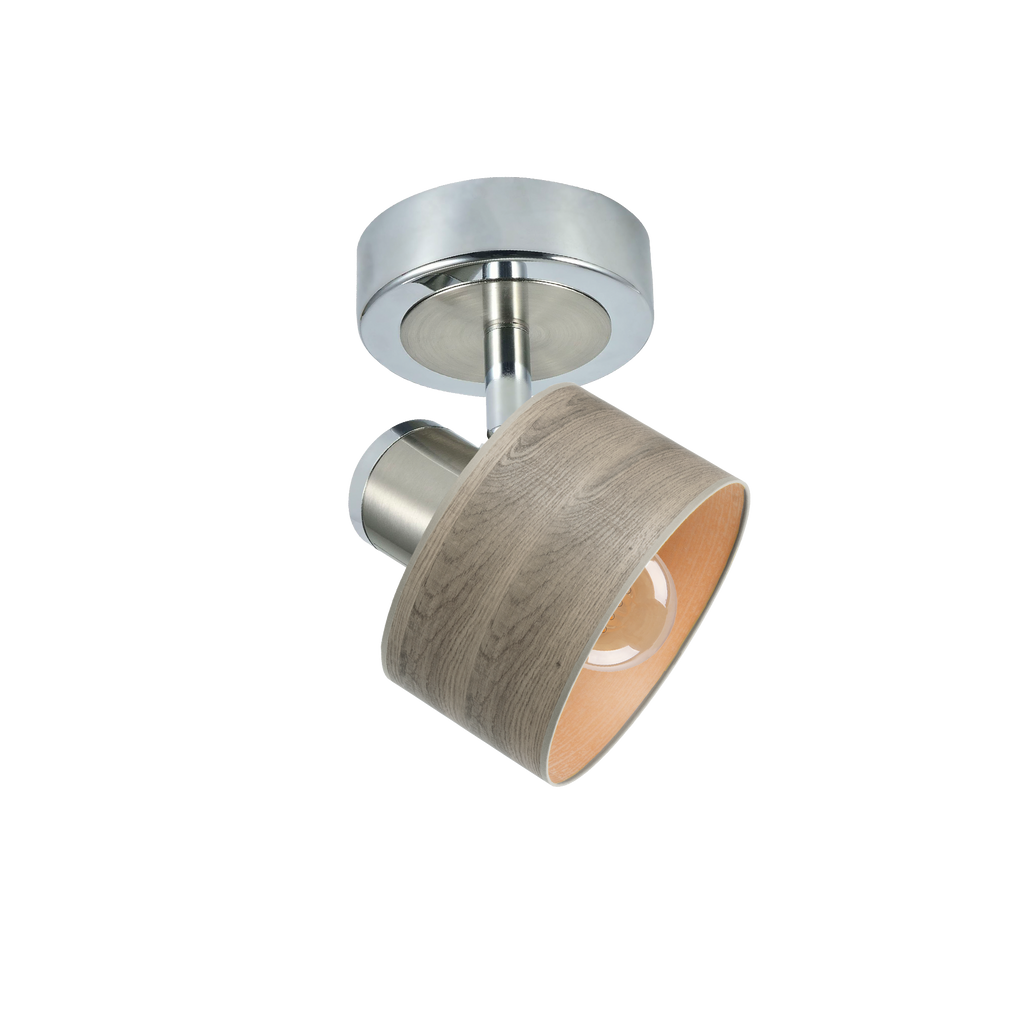 Foco Nando orientable 1xE14 en cromo-níquel y madera gris, diseño minimalista rústico de Abrila para iluminación interior