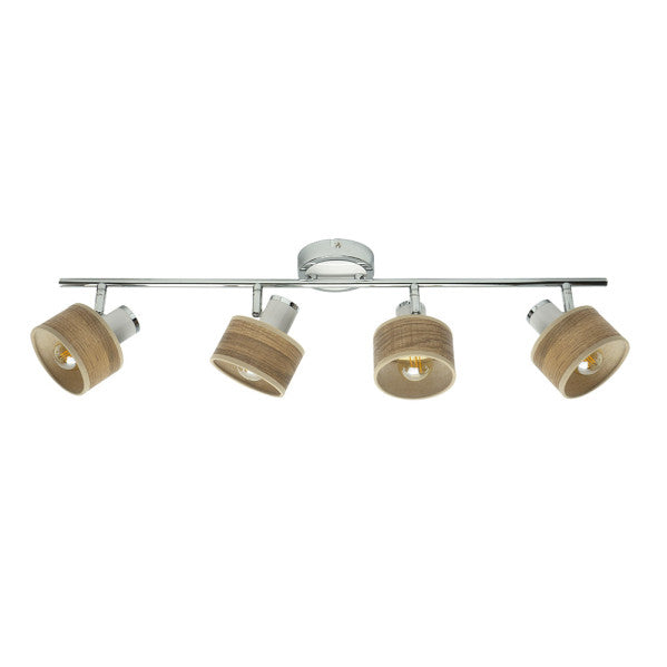 Regleta focos orientables Nando 4xE14 cromo-blanco madera clara Abrila, diseño moderno rústico vintage spot dirigido iluminación interior