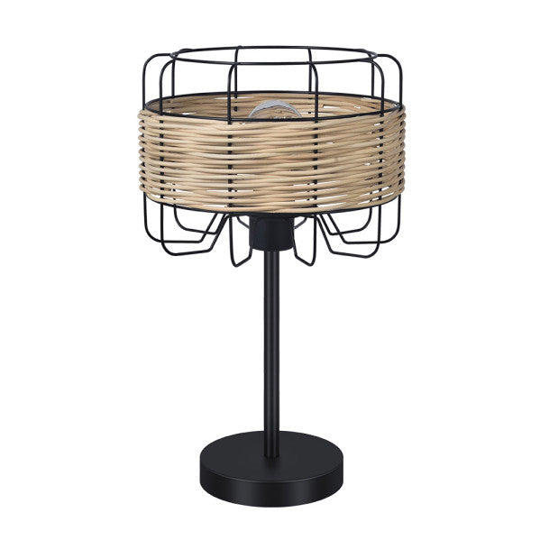 Lámpara de sobremesa Zenda en forja y ratán negro de Abrila, diseño boho chic vintage moderno para iluminación doméstica y decoración interior.