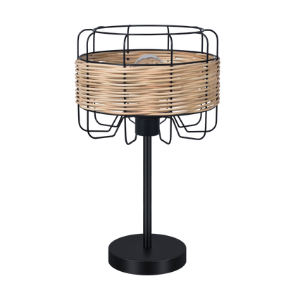 Lámpara de sobremesa Zenda en forja y ratán negro de Abrila (190571009), diseño boho chic vintage para iluminación doméstica moderna.