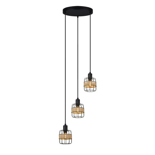 Plafón Zenda 3xE14 de Abrila en forja y ratán negro, lámpara colgante boho chic y vintage para iluminación interior y decoración doméstica