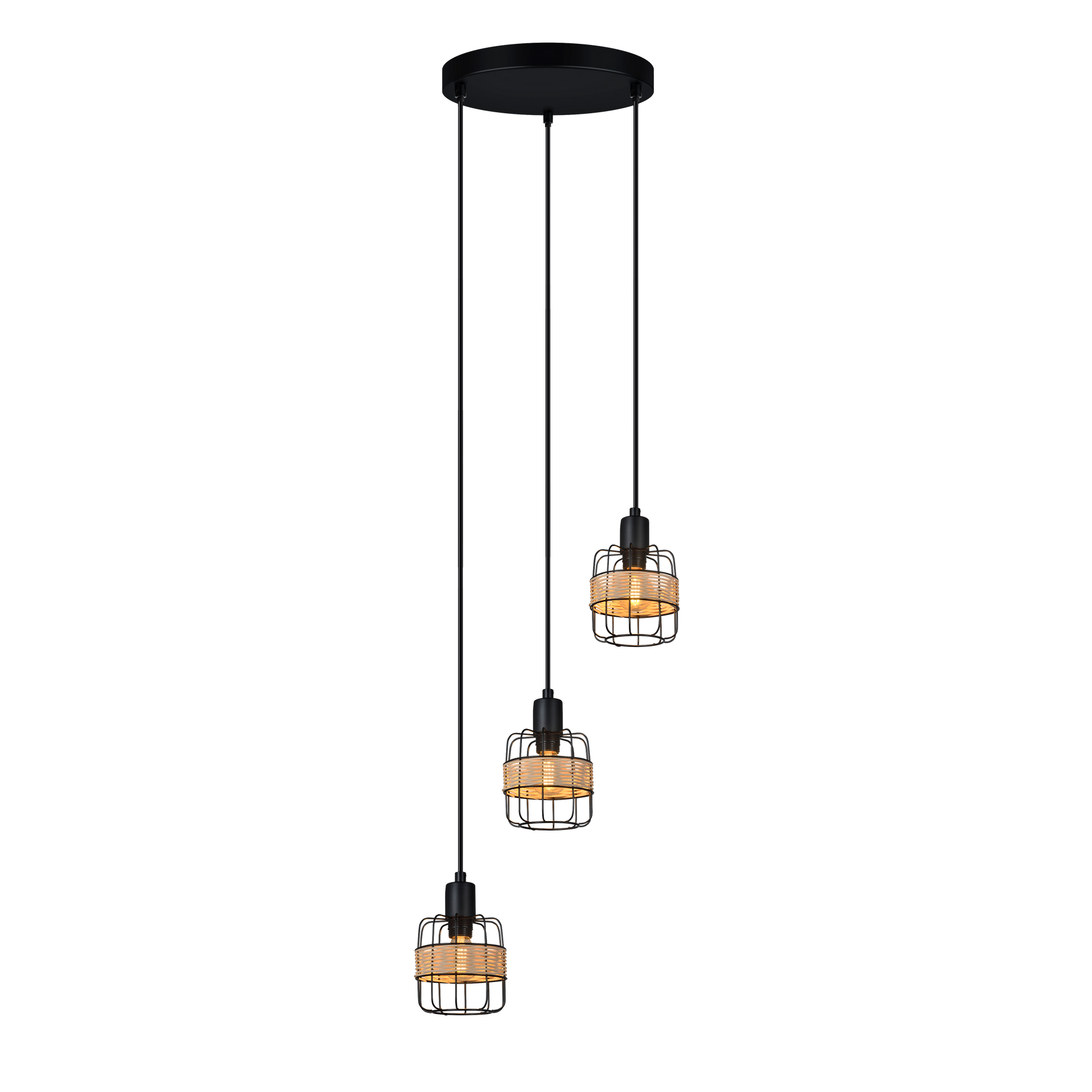 Plafón colgante Zenda 3xE14 de Abrila en forja y ratán negro, lámpara boho chic vintage para iluminación interior y decoración doméstica