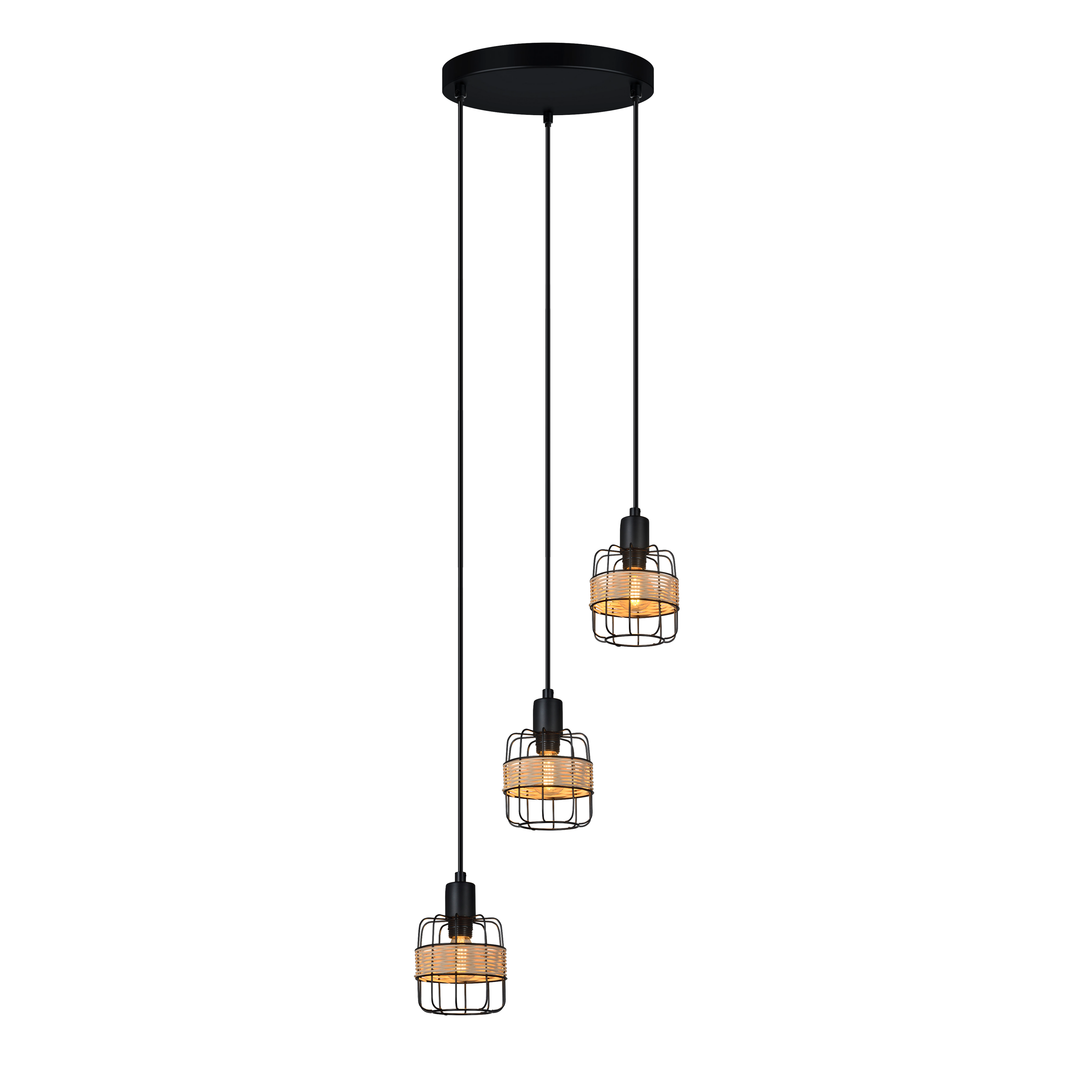 Plafón colgante Zenda 3xE14 de Abrila en forja y ratán negro, lámpara boho chic vintage para iluminación interior y decoración doméstica