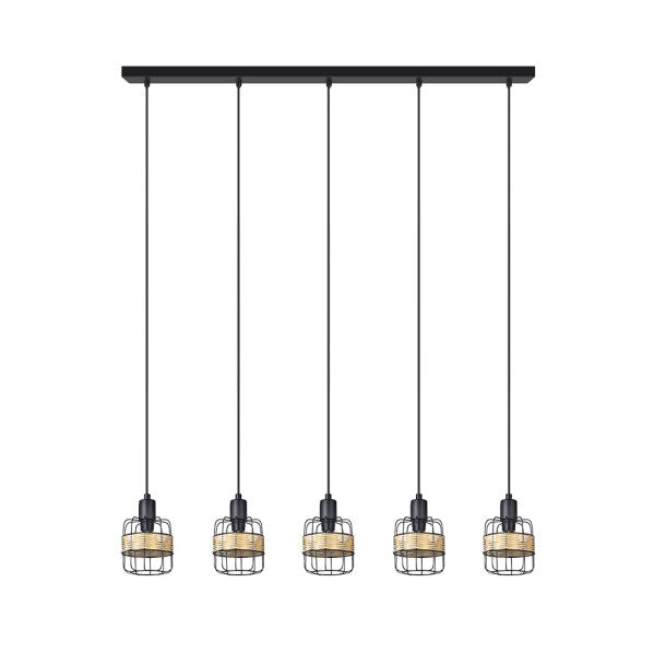 Lámpara colgante Regleta Zenda 5 luces negro con forja y ratán, estilo boho chic vintage de Abrila para iluminación moderna interior y decoración doméstica