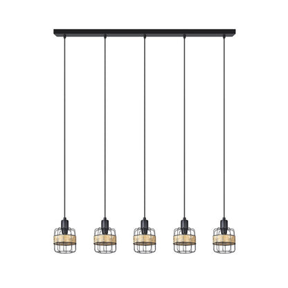 Lámpara colgante Regleta Zenda 5 luces negro con forja y ratán, estilo boho chic vintage de Abrila para iluminación moderna interior y decoración doméstica
