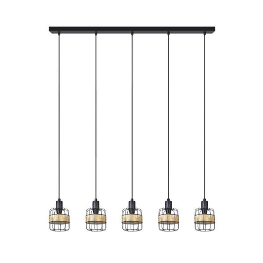Lámpara colgante Regleta Zenda 5 luces negro con forja y ratán, estilo boho chic vintage de Abrila para iluminación moderna interior y decoración doméstica