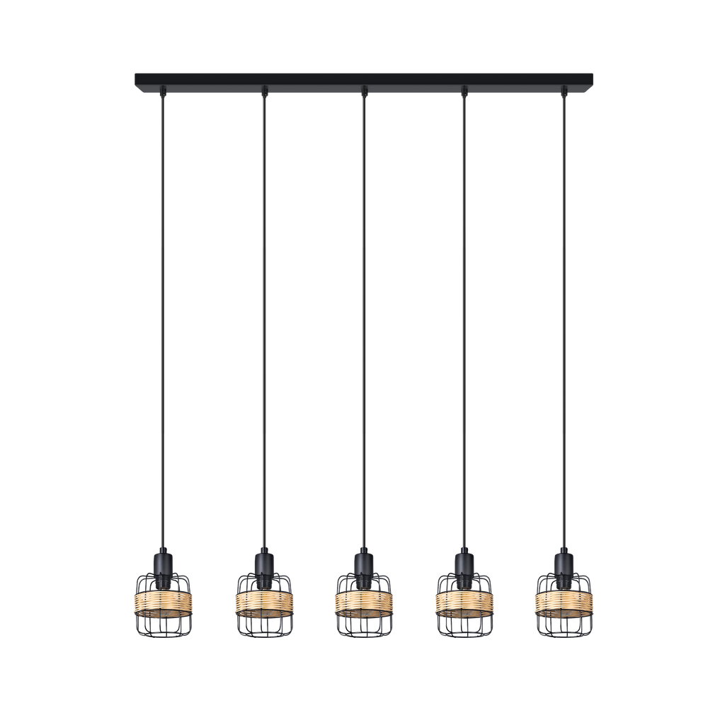 Lámpara colgante regleta Zenda 5 luces negro de Abrila, estilo boho chic vintage con forja y ratán para iluminación moderna interior