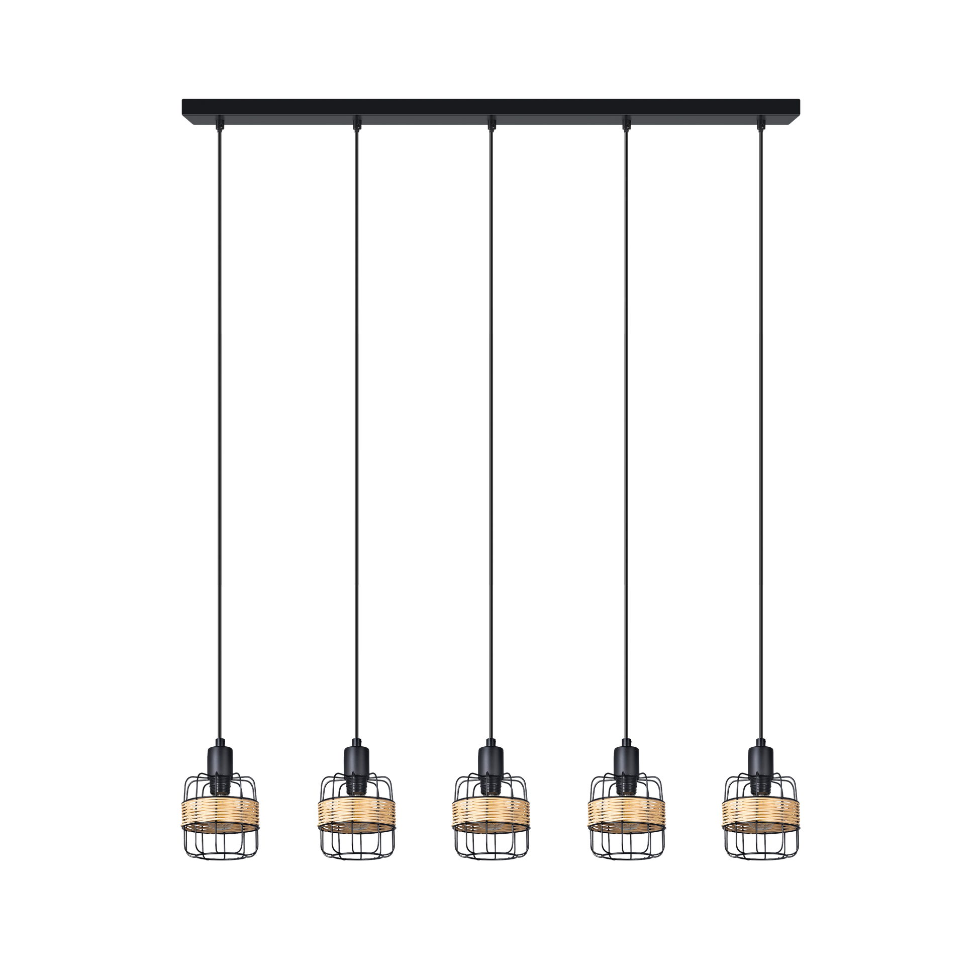 Lámpara colgante regleta Zenda 5 luces negro de Abrila, estilo boho chic vintage con forja y ratán para iluminación moderna interior