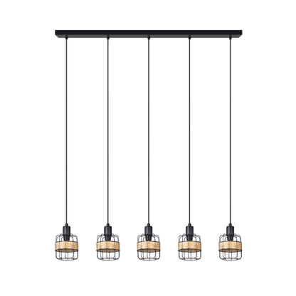 Lámpara colgante regleta Zenda 5 luces negro de Abrila, estilo boho chic vintage con forja y ratán para iluminación moderna interior