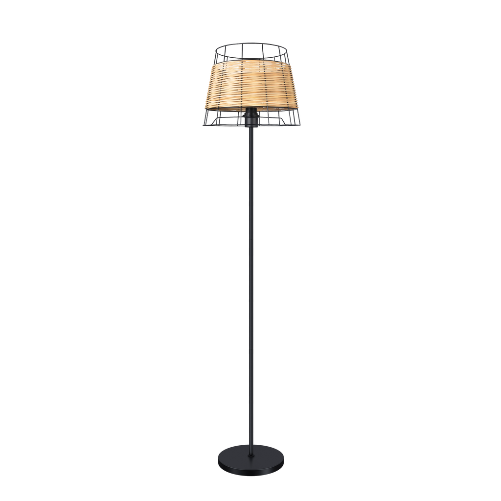 Alt text: Lámpara de pie salón Burano negra 150cm 1xE27 con forja y ratán por Abrila, diseño boho chic vintage para decoración interior y iluminación moderna