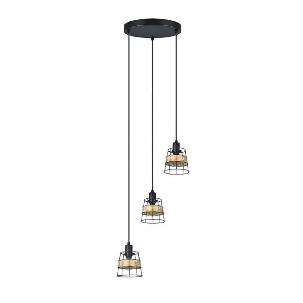 Plafón Burano 3xE14 de Abrila en forja y ratán negro, lámpara de techo moderna estilo boho chic vintage para interior doméstico, modelo 190683009
