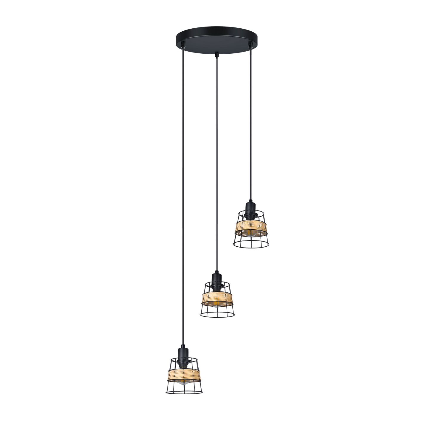 Plafón Burano 3xE14 de Abrila en forja y ratán negro, lámpara de techo boho chic vintage moderna para interior doméstico