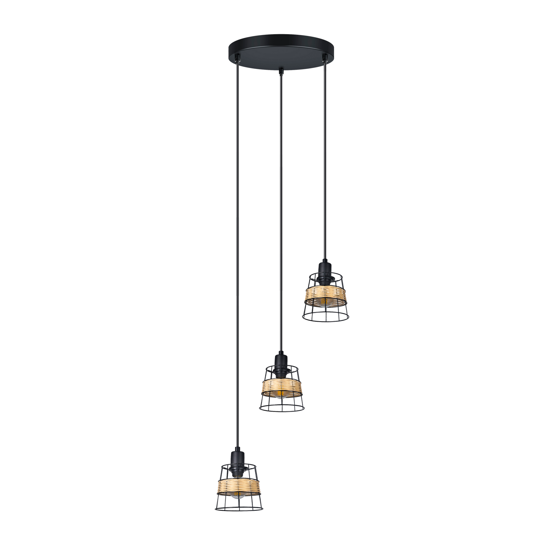 Plafón Burano 3xE14 de Abrila en forja y ratán negro, lámpara de techo boho chic vintage moderna para interior doméstico