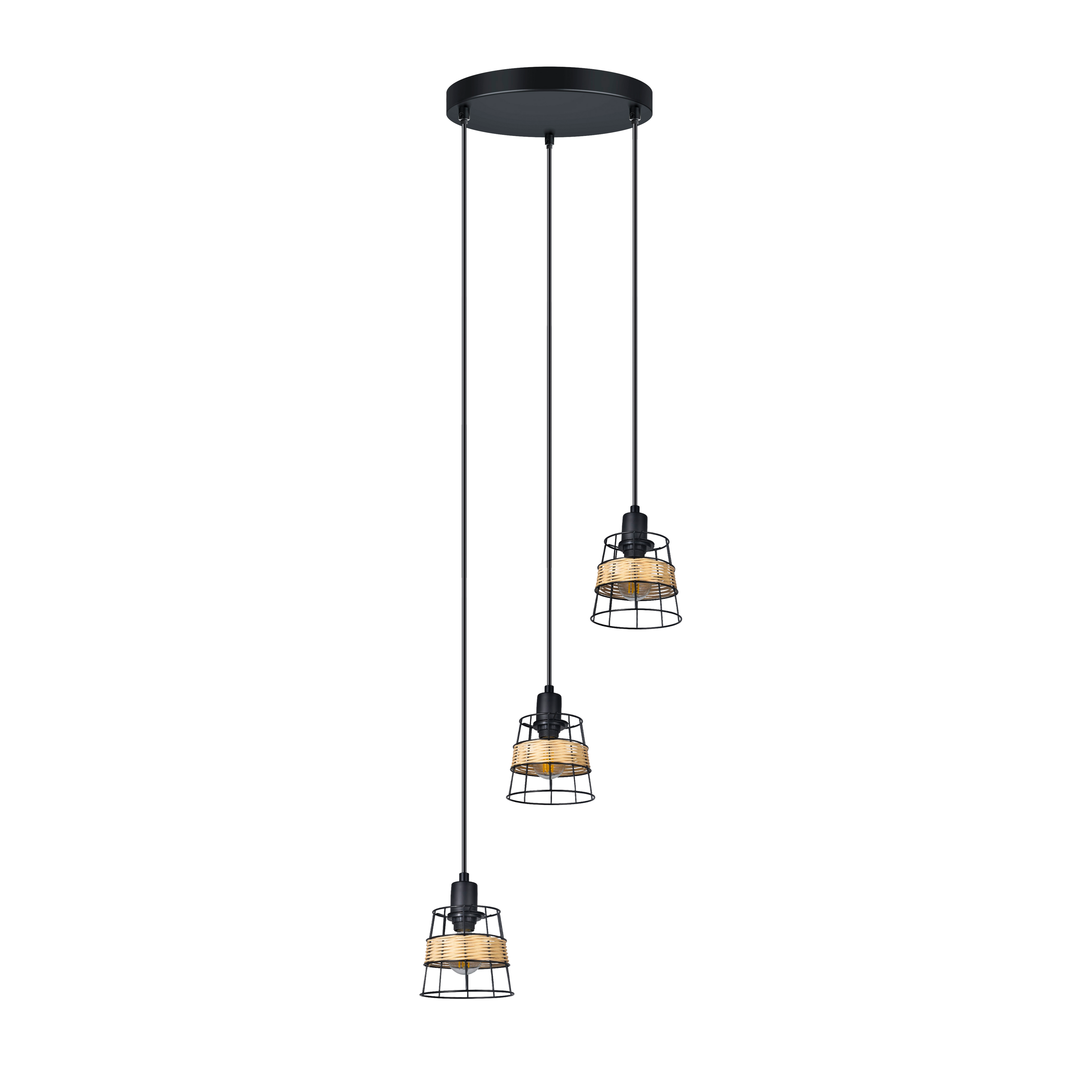 Plafón Burano 3xE14 de Abrila en forja y ratán negro, lámpara de techo boho chic vintage moderna para interior doméstico