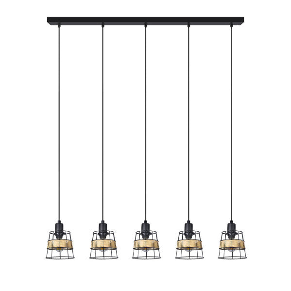 Regleta colgante Burano negro de Abrila con 5 casquillos E14, diseño moderno boho chic en forja rattan, lámpara vintage para iluminación interior doméstica