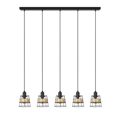 Regleta colgante Burano negro de Abrila con 5 casquillos E14, diseño moderno boho chic en forja rattan, lámpara vintage para iluminación interior doméstica