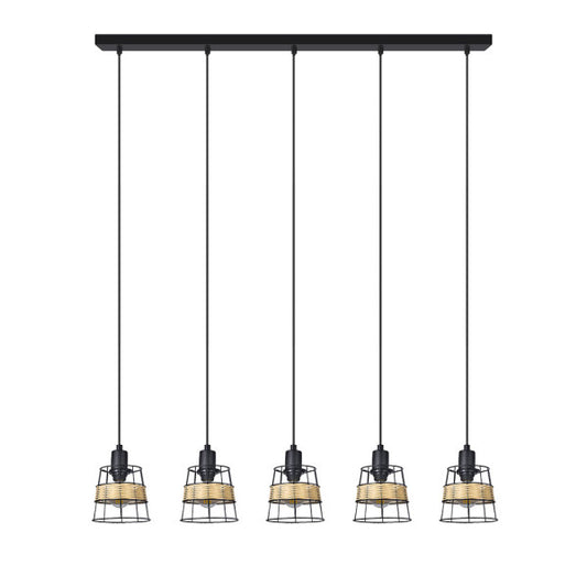 Regleta colgante Burano negro de Abrila con 5 casquillos E14, diseño moderno boho chic en forja rattan, lámpara vintage para iluminación interior doméstica