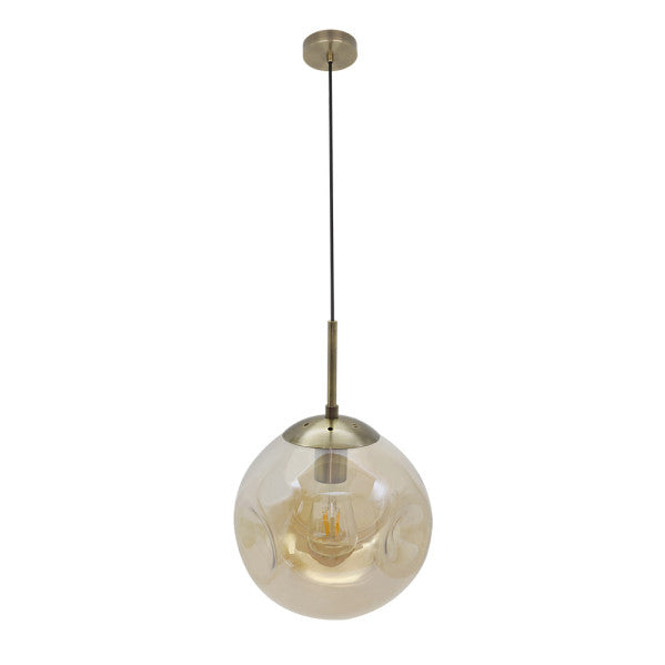 Colgante de lámpara Pinap en cuero ámbar por Abrila, diseño vintage boho moderno con metal y cristal para iluminación interior y decoración doméstica.