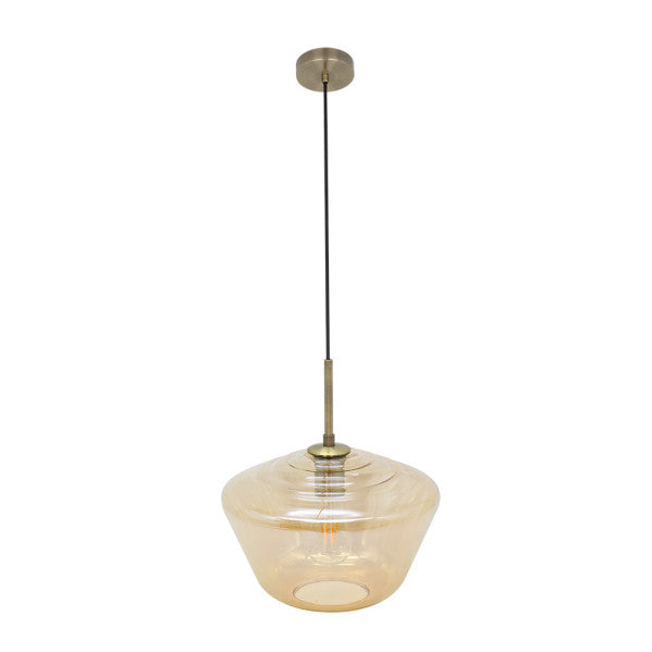 Lámpara colgante Pinap de Abrila en cuero y ámbar, 30x30 cm 1xE27, estilo vintage boho chic de metal y cristal para iluminación interior doméstica y decoración moderna