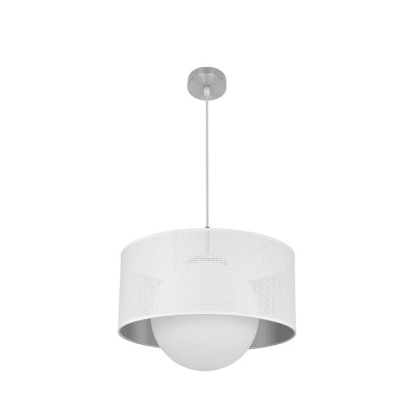 Colgante moderno cósmico de níquel y blanco-plata 40x40 cm Abrila 194294001, lámpara de diseño en metal y cristal para decoración e iluminación interior doméstica