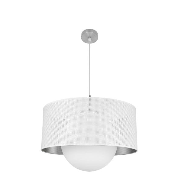 Colgante moderno cósmico Abrila en níquel y blanco-plata, lámpara de iluminación decorativa con metal, cristal y textil para interiores domésticos