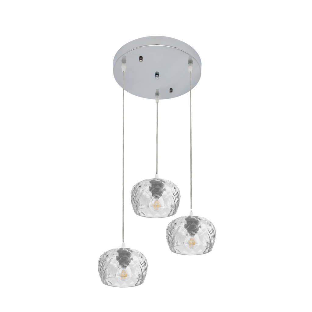 Plafon Estela 3xE27 en cromo con tulipas de cristal tallado, diseño moderno de Abrila para decoración interior en dormitorios y salones