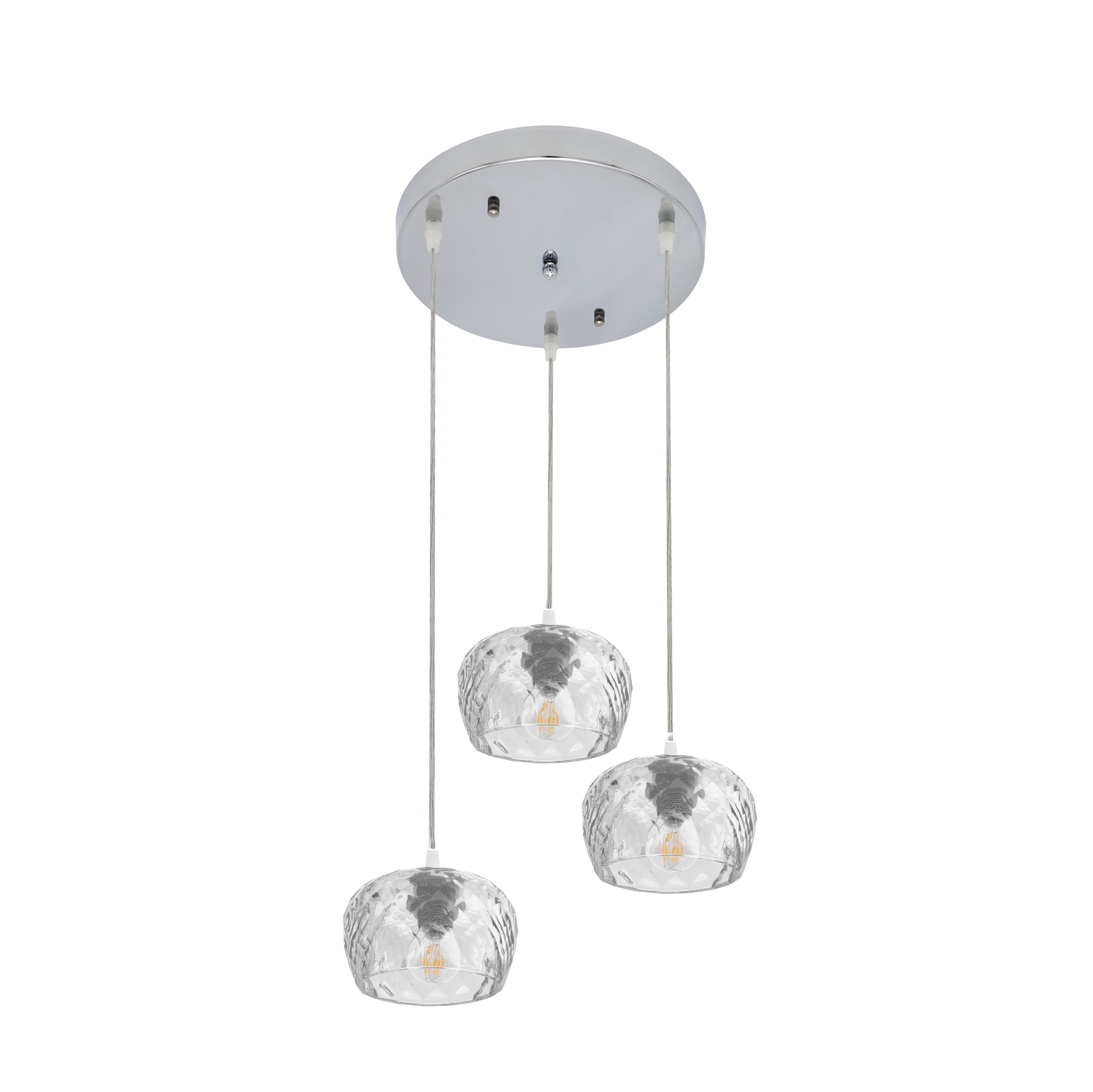 Plafon Estela 3xE27 en cromo con tulipas de cristal tallado, diseño moderno de Abrila para decoración interior en dormitorios y salones