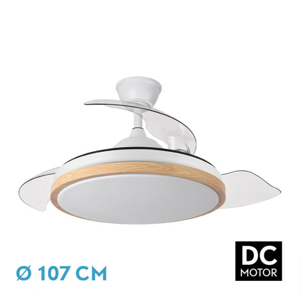 `alt=Ventilador de techo DC Evros Blanco/Haya de Abrila 197091368 con iluminación LED, motor DC y aspas retráctiles.`