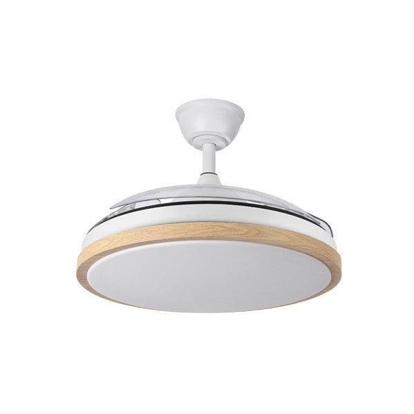 Ventilador de techo DC Evros Blanco/Haya de Abrila con LED integrado y ahorro de energía. Diseñado para uso interior doméstico, cuenta con aspas retráctiles y iluminación regulable, perfecto para decorar y climatizar cualquier espacio.