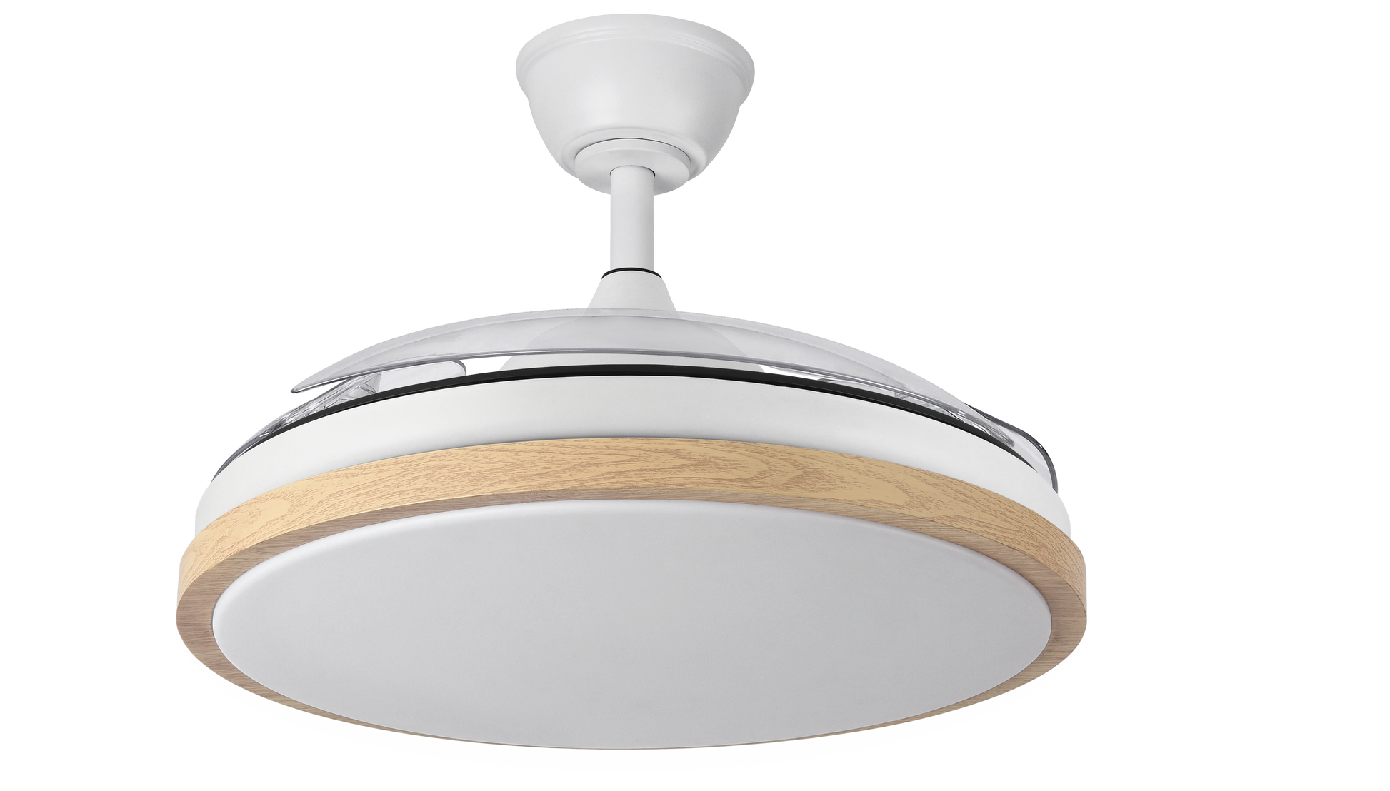 Ventilador de techo DC Evros en color blanco/haya, modelo 197091368 de Abrila. Carcterísticas: motor DC eficiente, aspas retráctiles, iluminación LED integrada y regulable. Diseñado para uso interior doméstico, ahorra energía y combina estilo con funcionalidad.