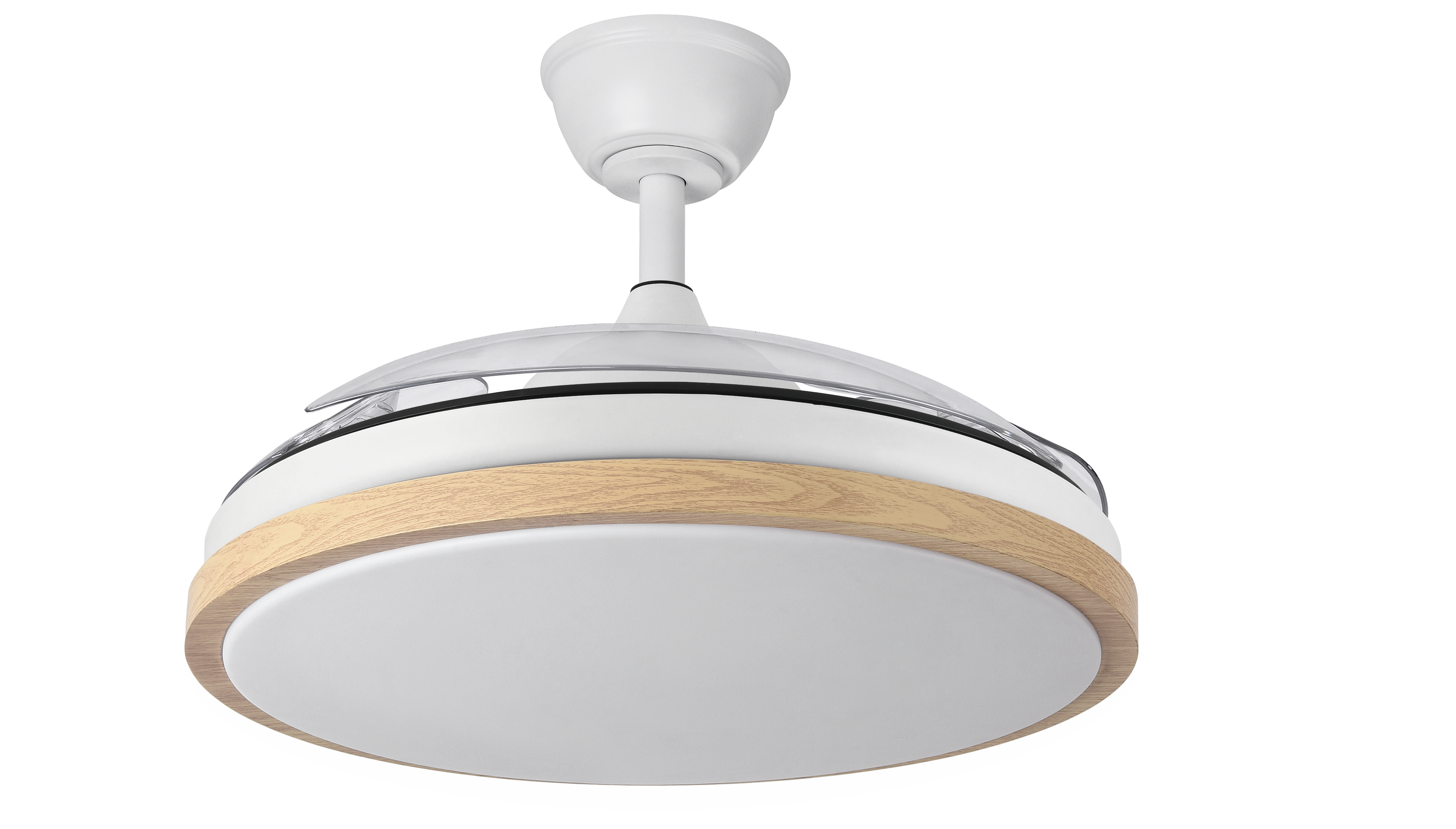 Ventilador de techo DC Evros en color blanco/haya, modelo 197091368 de Abrila. Carcterísticas: motor DC eficiente, aspas retráctiles, iluminación LED integrada y regulable. Diseñado para uso interior doméstico, ahorra energía y combina estilo con funcionalidad.