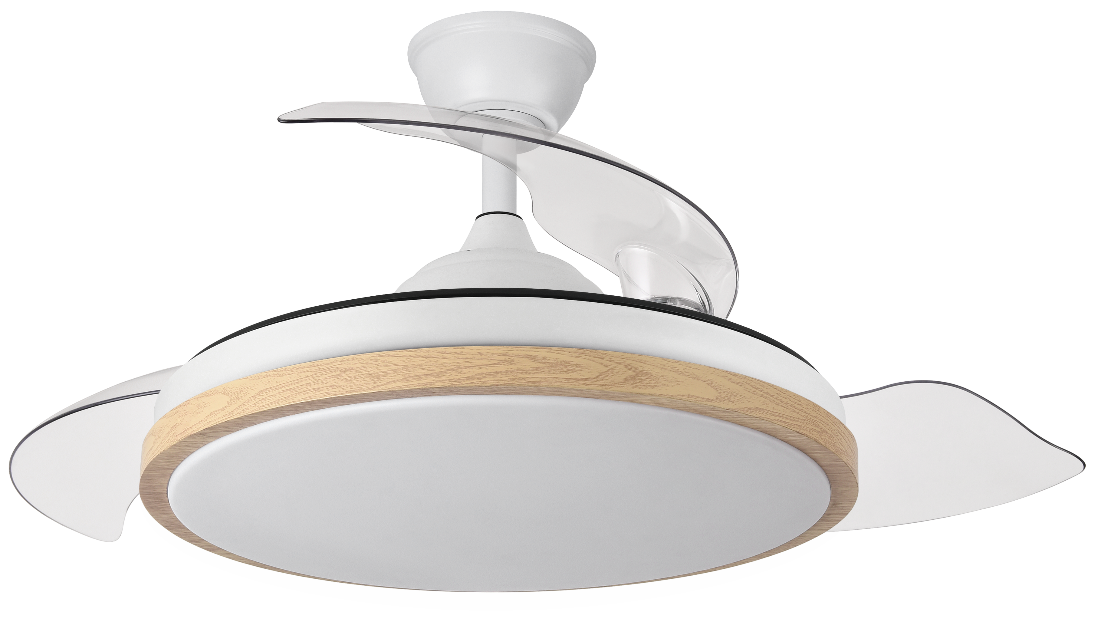 Alt Image: Ventilador de techo DC Evros blanco/haya de Abrila con motor DC, LEDs integrados, iluminación regulable y aspas retractiles, modelo 197091368, ideal para interiores domésticos y ahorro de energía.