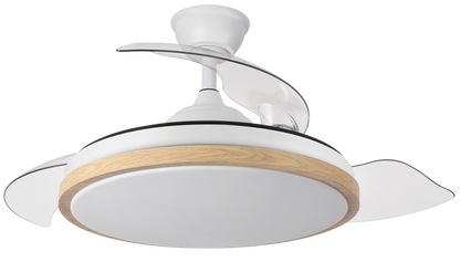 Alt Image: Ventilador de techo DC Evros blanco/haya de Abrila con motor DC, LEDs integrados, iluminación regulable y aspas retractiles, modelo 197091368, ideal para interiores domésticos y ahorro de energía.