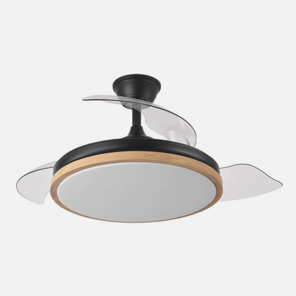 `alt=Ventilador de techo negro/madera Evros 72W con aspas retráctiles, luz LED ajustable y motor DC, ideal para interiores domésticos todo el año - Abrila 197091388`