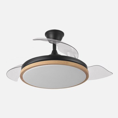 `alt=Ventilador de techo negro/madera Evros 72W con aspas retráctiles, luz LED ajustable y motor DC, ideal para interiores domésticos todo el año - Abrila 197091388`