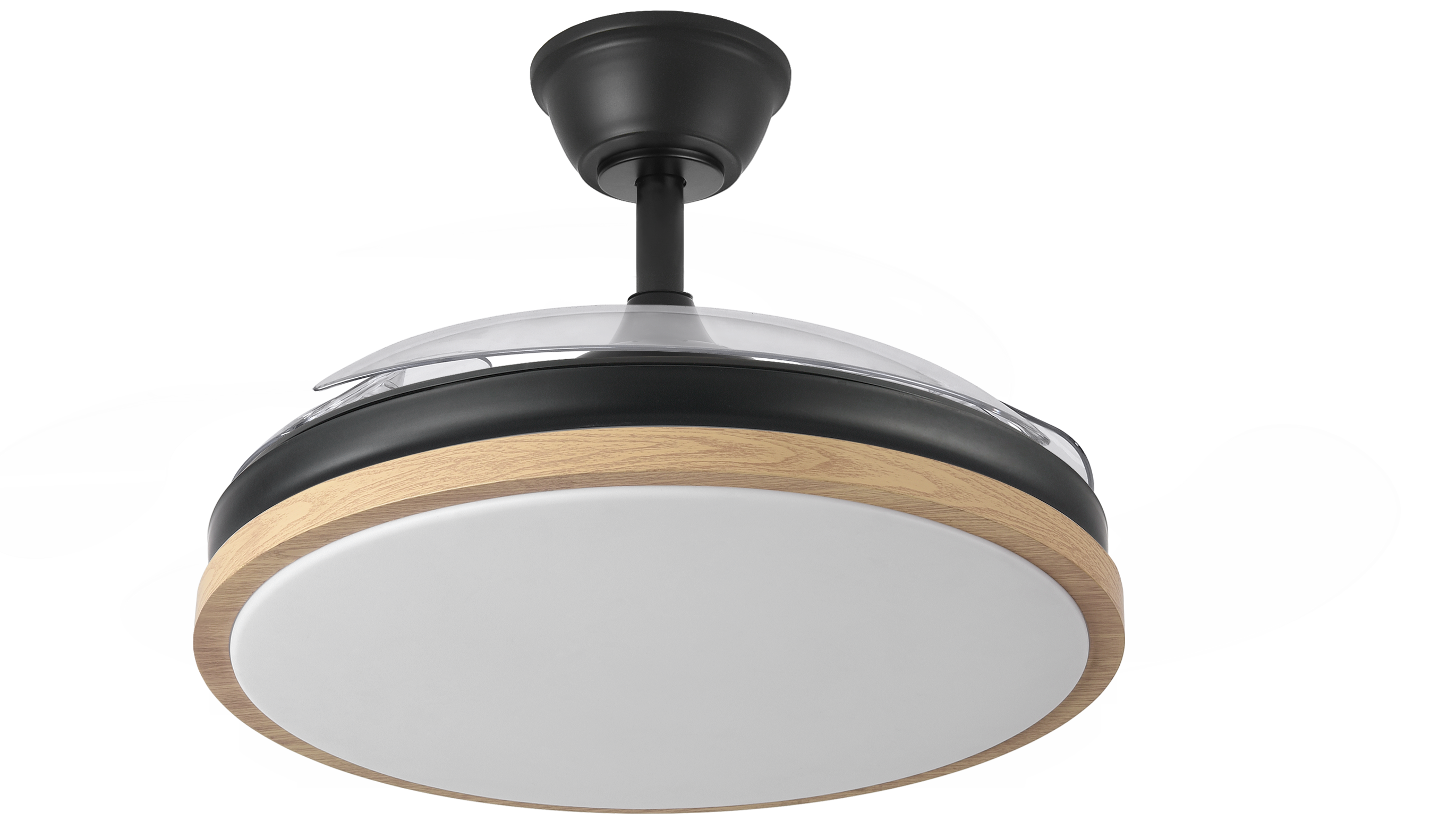 Ventilador de techo Evros de Abrila en color negro con acabado en haya, con una potencia de 72W. Este modelo cuenta con aspas retráctiles, iluminación ajustable y un LED integrado. Posee un motor DC de alta eficiencia, perfecto para interiores domésticos. Su diseño permite un uso óptimo tanto en verano como en invierno.