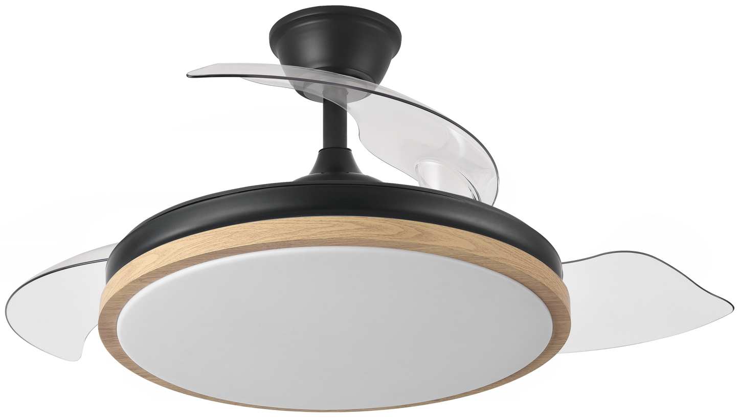 Ventilador de techo Evros 72W negro/haya con aspas retráctiles de Abrita, dedicando proporción perfecta de estilo y funcionalidad para interiores domésticos. Este modelo cuenta con un motor DC eficiente y un LED integrado que ofrece iluminación ajustable, ideal para cualquier estación, ya sea verano o invierno. Un diseño moderno en negro/haya, que combina con cualquier decoración.