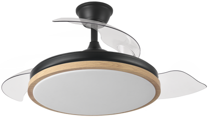 Ventilador de techo Evros 72W negro/haya con aspas retráctiles de Abrita, dedicando proporción perfecta de estilo y funcionalidad para interiores domésticos. Este modelo cuenta con un motor DC eficiente y un LED integrado que ofrece iluminación ajustable, ideal para cualquier estación, ya sea verano o invierno. Un diseño moderno en negro/haya, que combina con cualquier decoración.