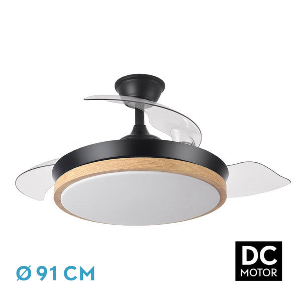 Ventilador de techo DC Evros en Negro/Haya de 72W de la marca Abrila, modelo 197099088. Diseñado para interiores domésticos, cuenta con motor DC de alto rendimiento y aspas retráctiles para un funcionamiento silencioso y eficiente. Incluye un LED integrado que proporciona iluminación adicional y un mando a distancia para un control conveniente. Además, dispone de temporizador para ajustar su operación según tus necesidades. La combinación de diseño y funcionalidad lo convierte en una opción ideal para cualq