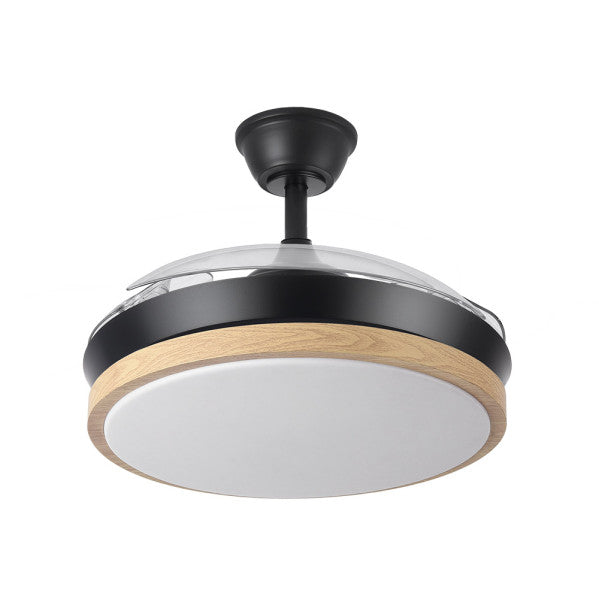 `alt=Ventilador techo DC Evros Negro/Haya 72W de Abrilia con aspas retráctiles, LED integrado y mando a distancia`