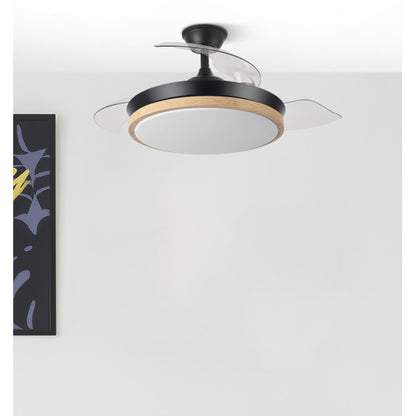 `alt=Ventilador de techo EVROS Negro/Haya de Abrila con motor DC y LED integrado, modelo 197099088`.