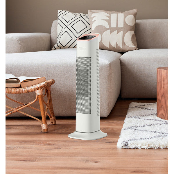 Termoventilador cerámico vertical 2000W Abrila modelo AI2 en blanco y oro, calefacción portátil oscilante para interior doméstico con mando a distancia.