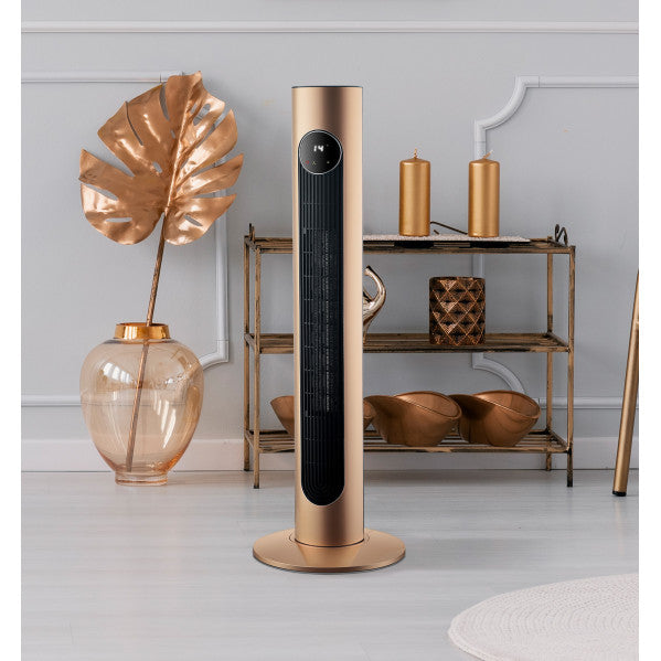 Termoventilador cerámico vertical 2000W oro Abrila modelo 198332029, calefacción doméstica oscilante portátil con mando a distancia para invierno, diseño torre AI2 en color oro elegante.