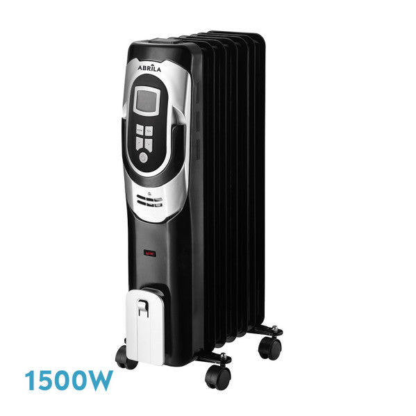 Radiador de aceite portátil Confort 1500W negro y plata de Abrila, con ruedas, termostato regulable y temporizador 24h para calefacción interior doméstica eficiente y segura.